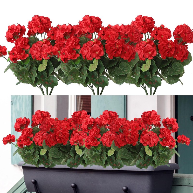 3 Pack Artificial Geranium Flowers for Outdoors Red Geranium Silk Flowers 3 Pack