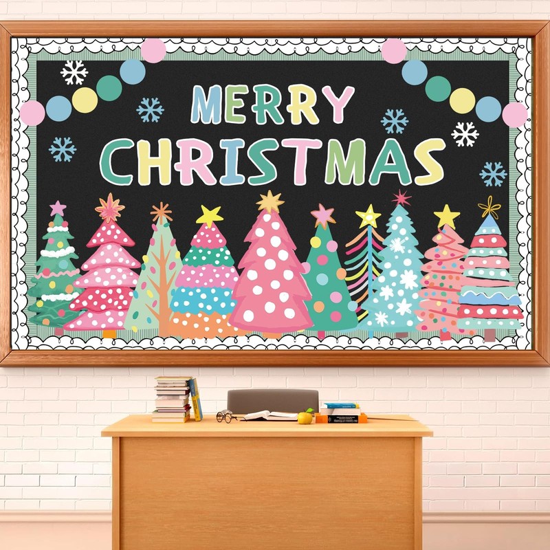 78 PCS Christmas Bulletin Board Decoration Set Merry Xmas Green Pink Tree