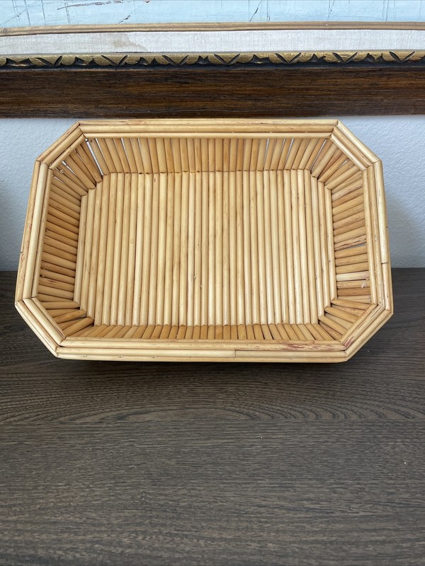 VTG Octagonal Reed Tray Bread Basket Table Centrepiece Handmade Cane MCM Retro gallery