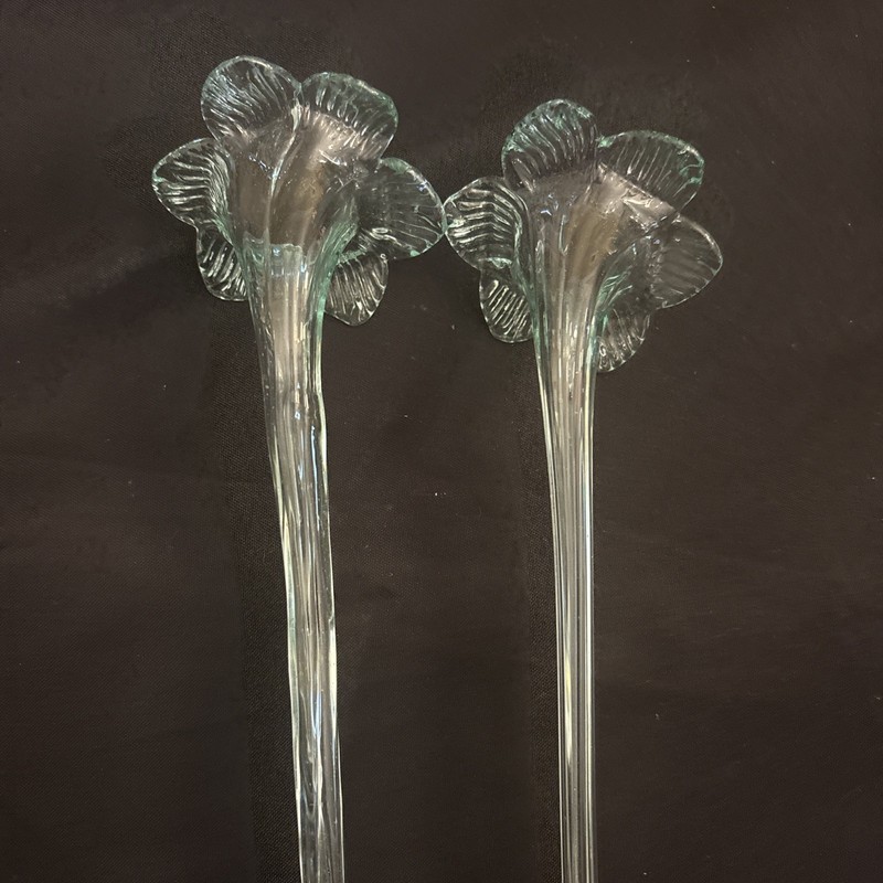VTG: Blown Glass Clear Trumpet Lily Over 12” Long Stem Murano Style Art Flower gallery