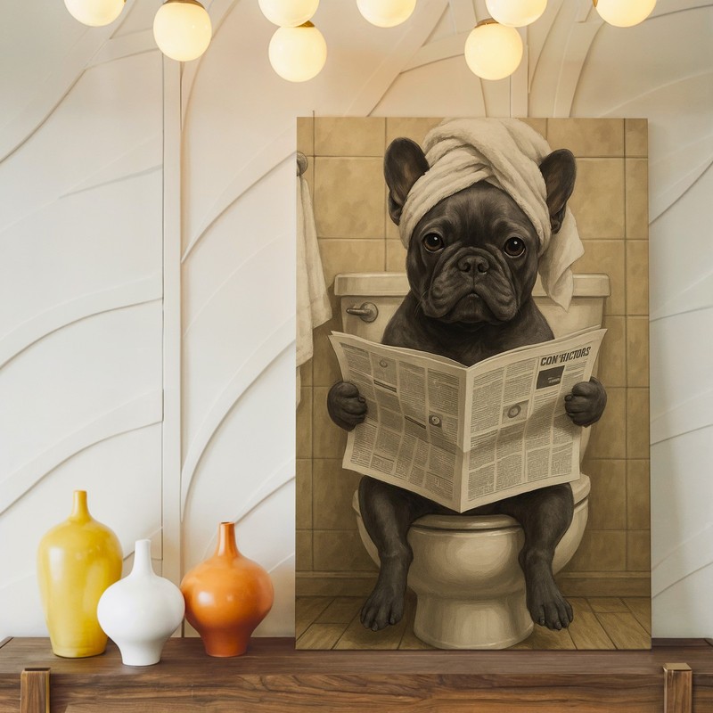 Funny Bulldog Dog Bathroom Canvas Wall Art Puppy Reading Newspaper Canvas Print gallery