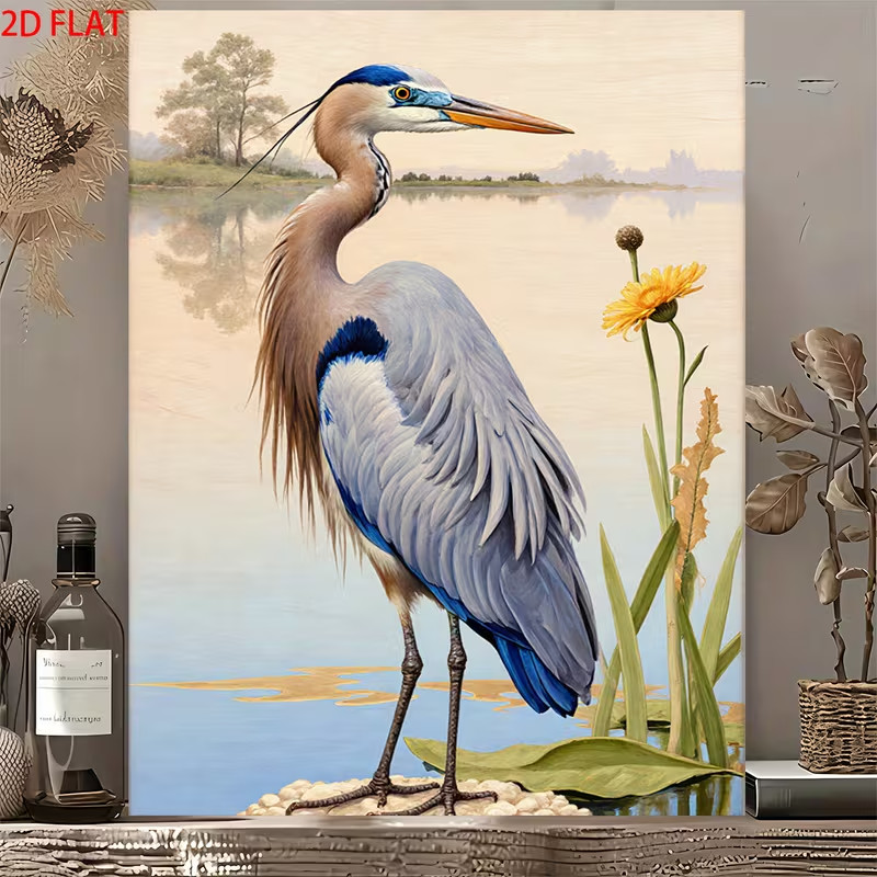 Framed Blue Heron Wall Art Lakeside Wildlife Painting,Coastal Nature Decor Print