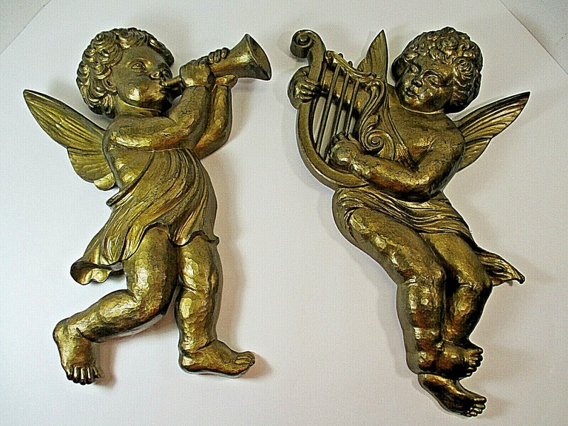 2 Vtg DART IND Wall Angels Cherubs Cupid Gold Tone Plastic 1963 4775B 4775A Harp