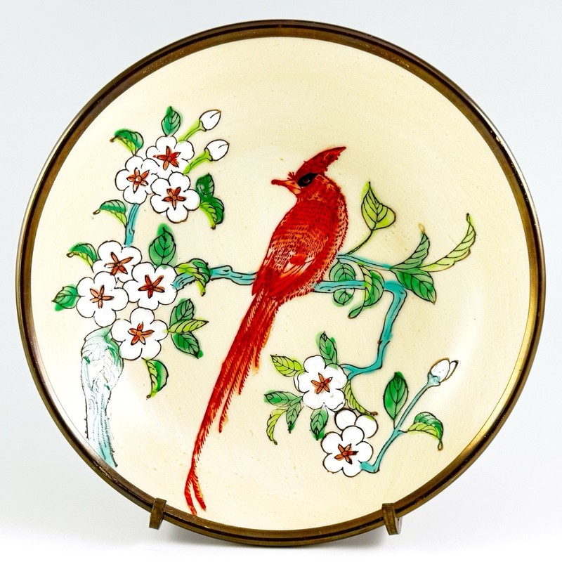 ACF Japanese Porcelain Hand Painted Enamel Brass Clad Bird Bowl Hong Kong Vtg