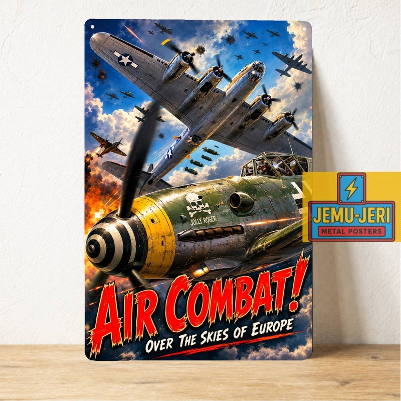 WWII Jolly Rogers Fighter vs B-17 Air Combat Metal Poster Tin Sign 20x30cm