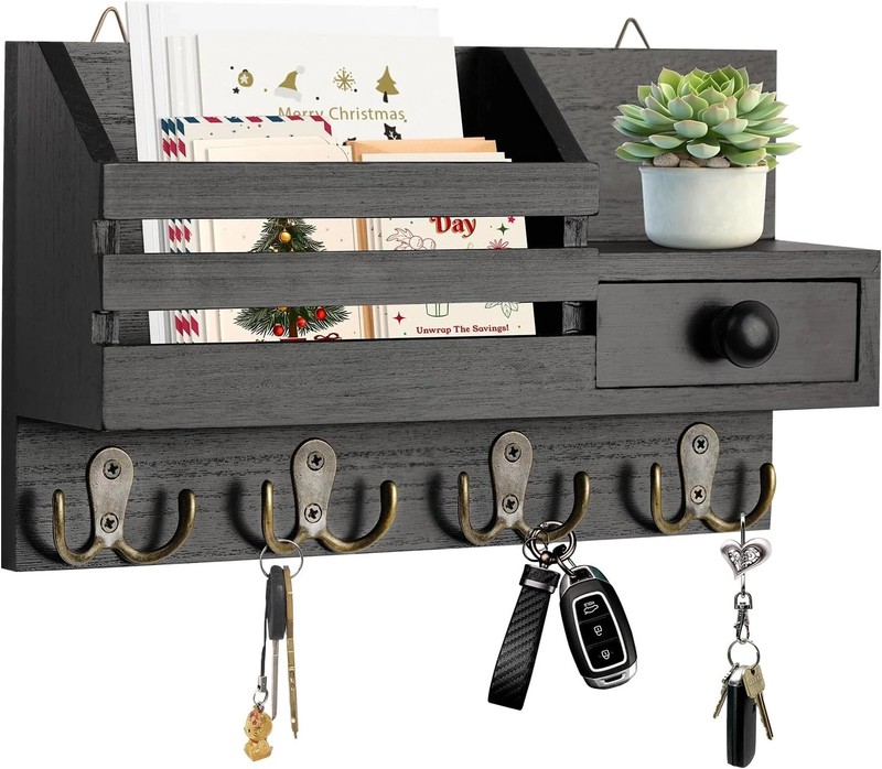 Key Holder Wall Mount, Wooden Adhesive Mail and Key Organizer with Drawer, Small