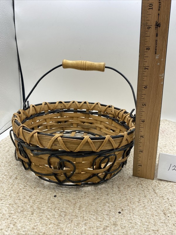 Round Shaped Wicker Basket With Wood OnHandle Rustic-8.5” Diameter And 3.5” Tall gallery