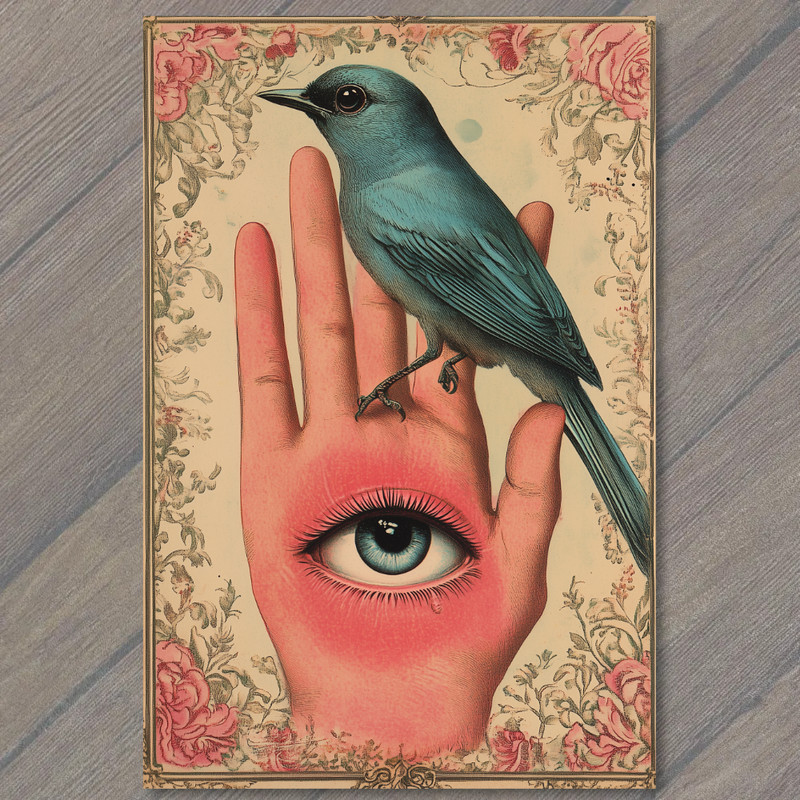 Art Print Bizarre Eye Held Hand with Blue Bird Surreal Odd Weird Macabre Unique