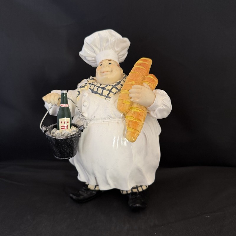 VTG Fat Chubby Bistro Kitchen Chef Holding Ice Bucket Wine & Bread Figure Decor