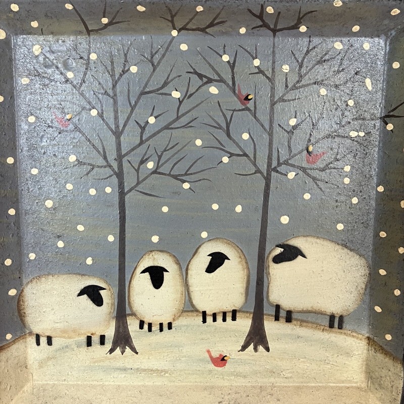 Donna White Square 4 Sheep with Cardinals in Snow Decorative Plate 10 x10" Heavy gallery