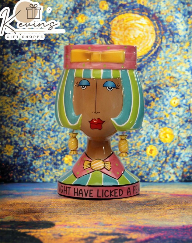 Ceramic African American Lady with Colorful Hair Candy Holder or Vase, Home Déco