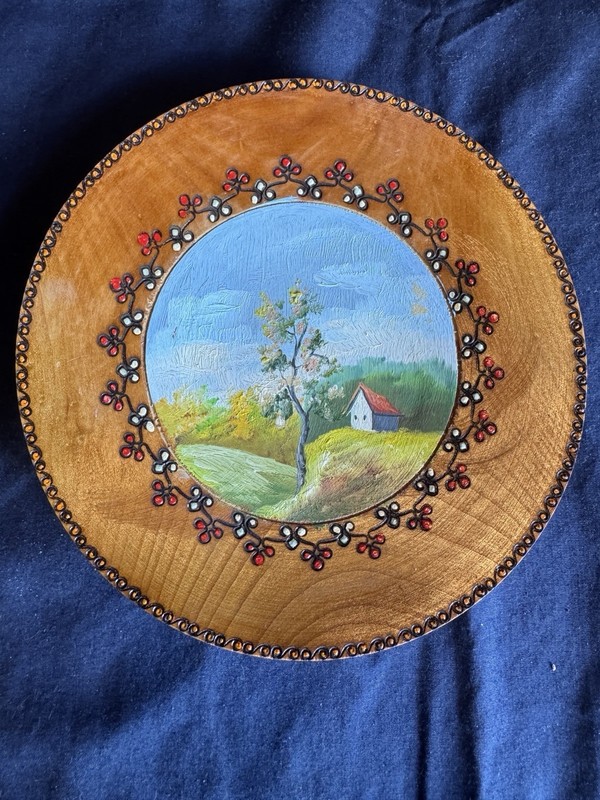 Vintage Romanian Hand Painted Wooden Plate decor Folkart From Romania Signed
