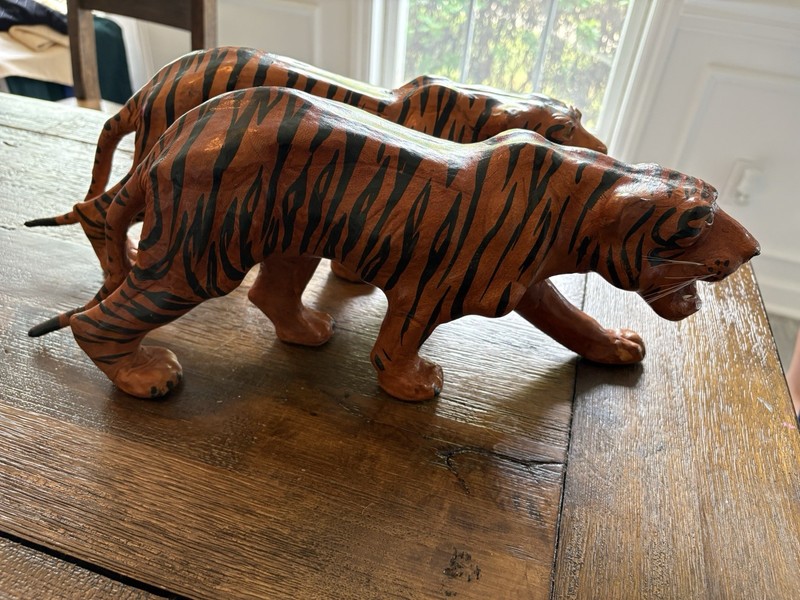 Vintage Tiger Sculptures Pair Papier Mache Leather Wrapped Folk Art gallery