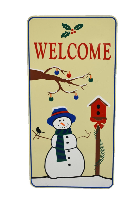 Vintage Metal Snowman Welcome Sign Christmas Winter Ski Cabin Decor