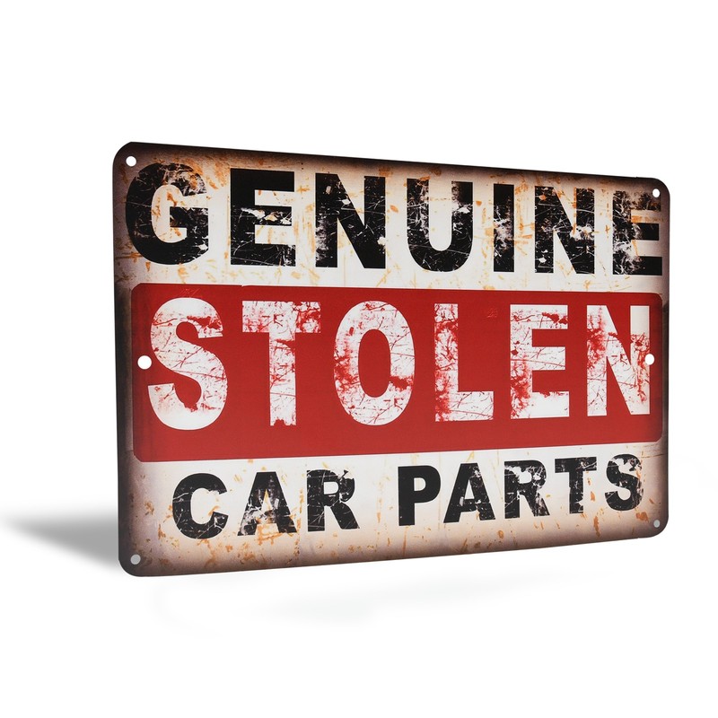 Metal Garage Sign Genuine Stolen Parts Wall Art Mechanic Shop Vintage Car Decor