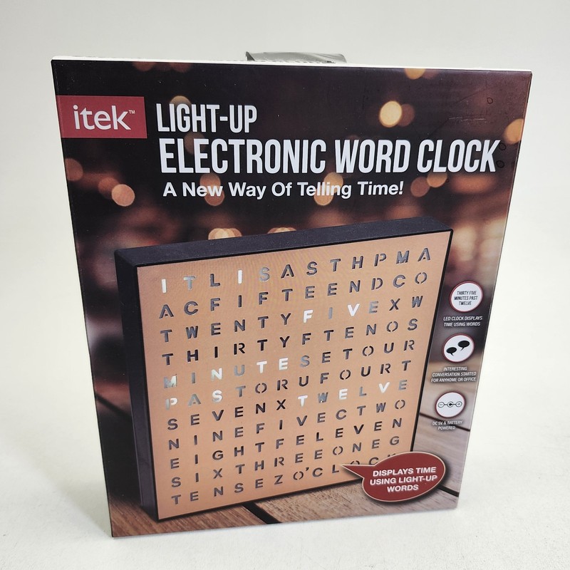 iTek Light Up Electronic Word Clock Text Battery USB 5V DC Powered Sharper Image