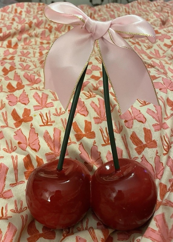 Red Cherry With Green Stems With Pink & Gold Fabric Bow Decor 8” NEW