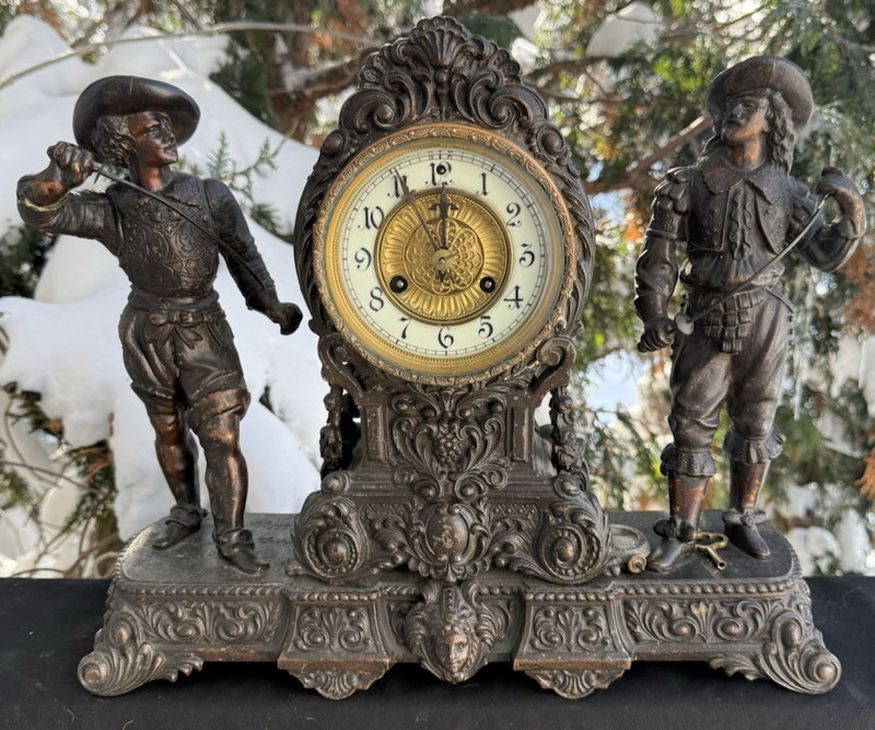 Antique C 1903 Waterbury VIDETTE Bronze Figural Statue Mantle Clock RUNS – VIDEO