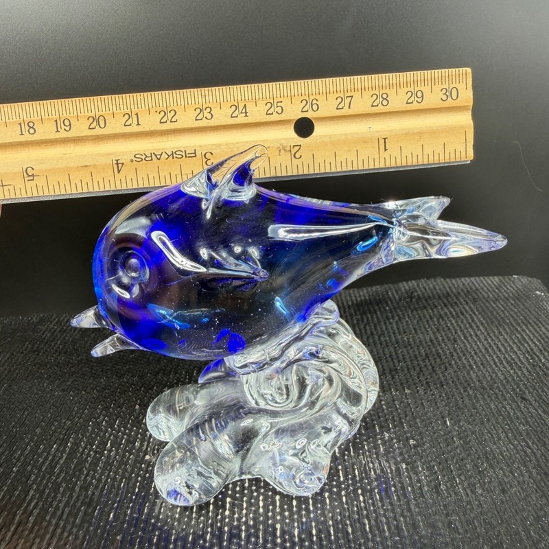Italian Blown Glass Fish Figurine Cobalt Blue Clear Glass Wave Base Sculpture gallery