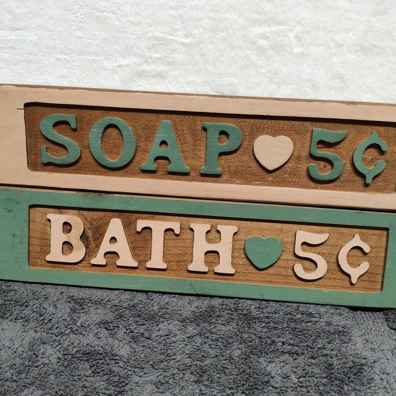 Lot Of Two Wooden 18X4 Inch Bathroom Signs 1 Soap 5 Cent & 1 Bath 5 Cent Cottage
