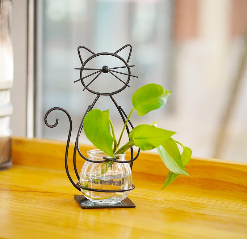 Cat Shape Glass Plant Terrarium Holder Desktop Vase Stand Home Garden Decor