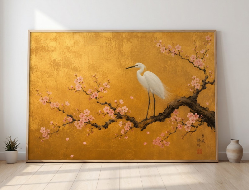 Japanese Egret Cherry Blossom Gold Leaf Poster Vintage Zen Asian Wall Art Decor