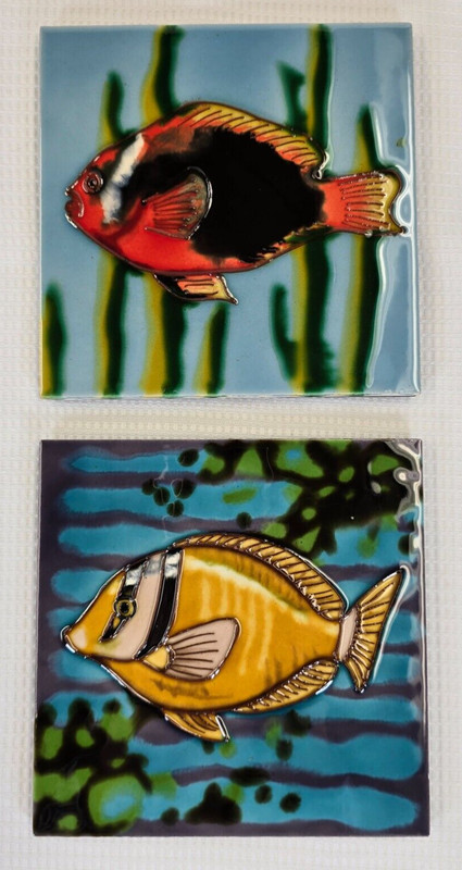 Glazed Ceramic Tile Art Tropical Fish 6×6 Hand Painted with Easel Back Lot of 2