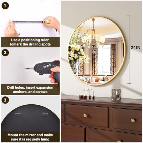 24 Inch Round Mirror - Circle Mirrors for Bathroom, 24"L x 24"W Round-gold gallery