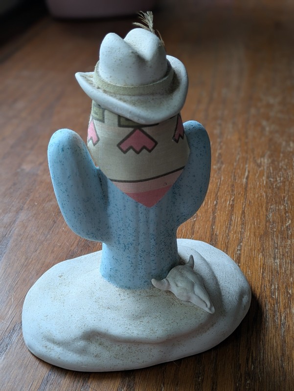 Ceramic Southwestern Cactus Figurine w/ Cowboy Hat & Bandana, Blue White Pink