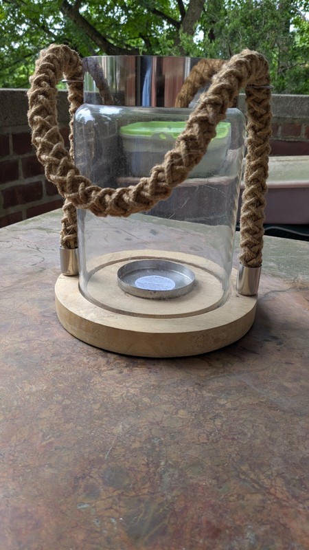 NEW-Vtg 9″ Tall Rope Handle Lantern Candle Holder on 8″ Round Wood Base 5″ Mouth