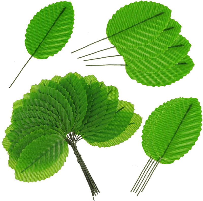 200 Pcs Green Silk Artificial Leaves – Fake, Faux Wired Single Leaf – Wire Craft