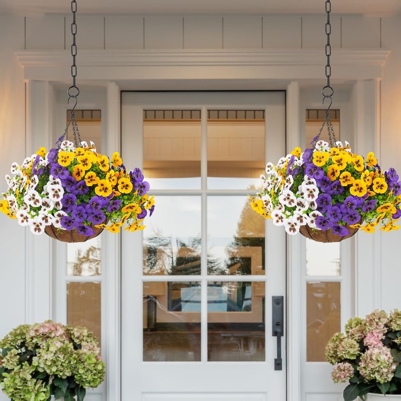 2 Sets Artificial Hanging Pansy Flowers with Baskets, 24 Pcs UV Resistant Fau... gallery