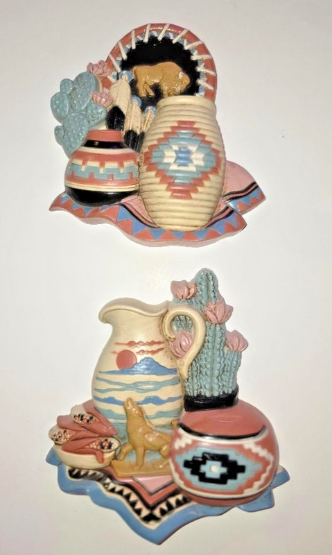 Vintage Resin 2 Wall Plaques-Southwest Style Cactus Native American Design