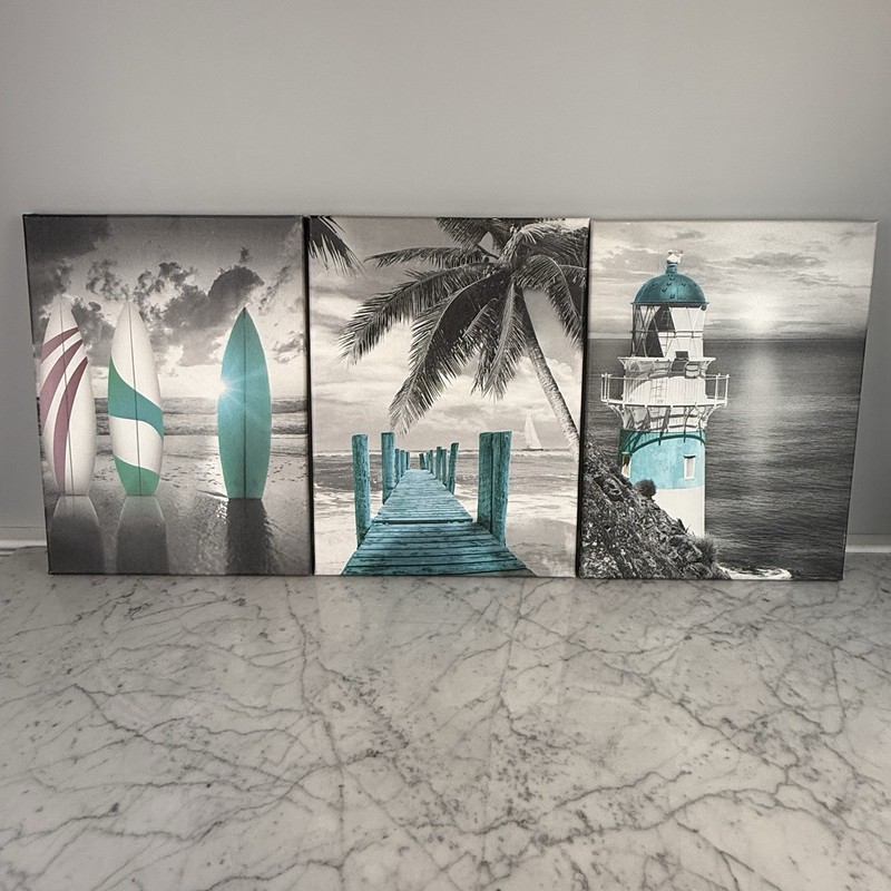 Teal Canvas Wall Art Framed Ocean Lighthouse~Palm Tree~Surfboard 12”X16”x3”