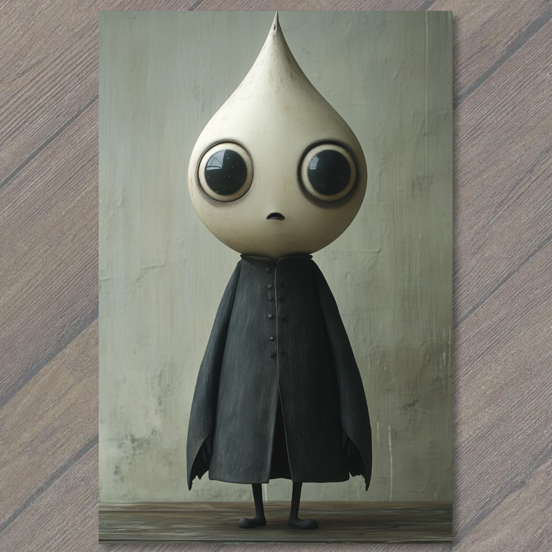 Art Print Whimsical Character Black Coat Sad Expression Unique Peculiar cute
