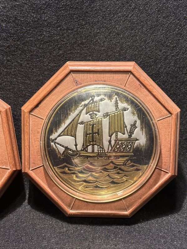 Vintage Octagon Pirate Ship Prints Framed Dome Plastic Faux Wood Pair Set Of 2 gallery