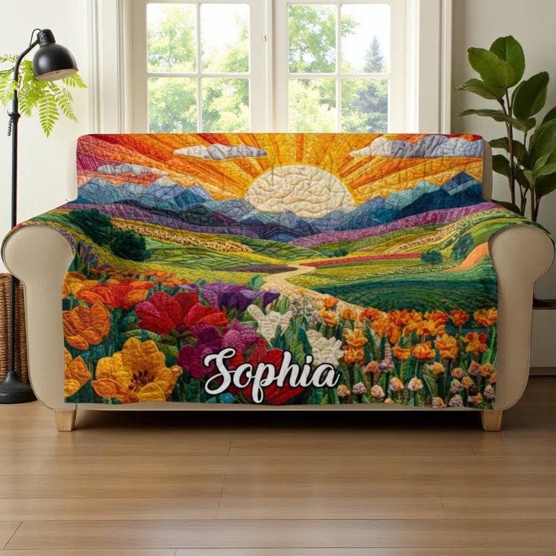Sunrise Quilted Sofa Cover Mountain Landscape Farmhouse Holiday Couch Cover Deco