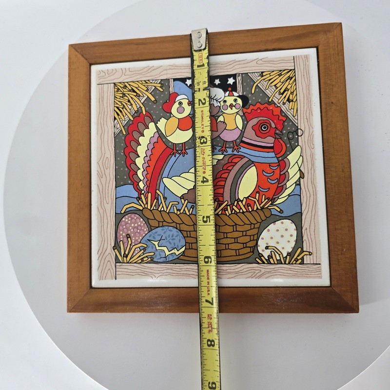 Vintage Framed Ceramic Tile Wall Art Hen and Chicks Easter Eggs Folk Art Kitsch gallery