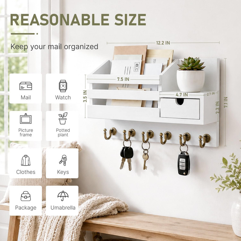 Key Holder Wall Mount: Key and Mail Holder for Wall with 6 Hooks and Storage Dra gallery