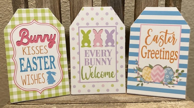 Easter Decor Set Of 3, Easter Greetings Sign, Bunny Kisses Easter Wishes Sign