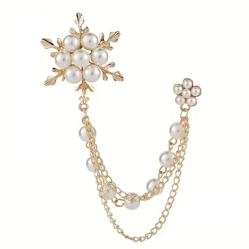 Elegant Imitation Pearl Snowflake Tassel Brooch Pin Gold