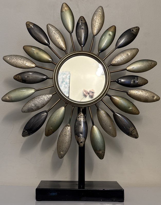 Vintage Sunburst Mirror Metal Sculpture Sunflower Pedals Gold Bronze Table Top