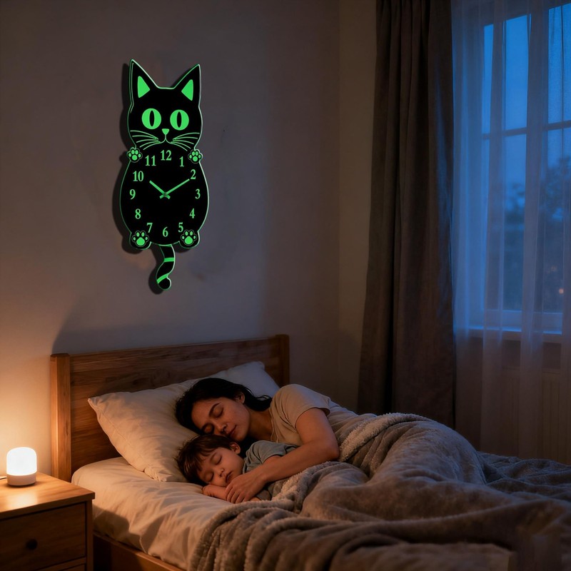 Cat Clock Wall with Swinging Tail Glow in Dark Night Light Funny Cat Clocks f... gallery