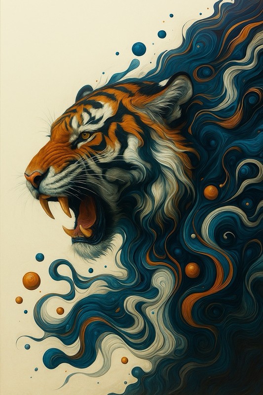 Vibrant Tiger Roar Poster Art 36x24 in. Blue/Orange Animal Print -Unframed gallery