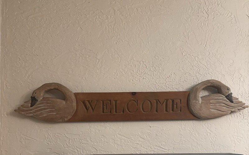 Swan Welcome Sign 41” Hand Carved Wood Distressed Rain Tree Carvings 1987