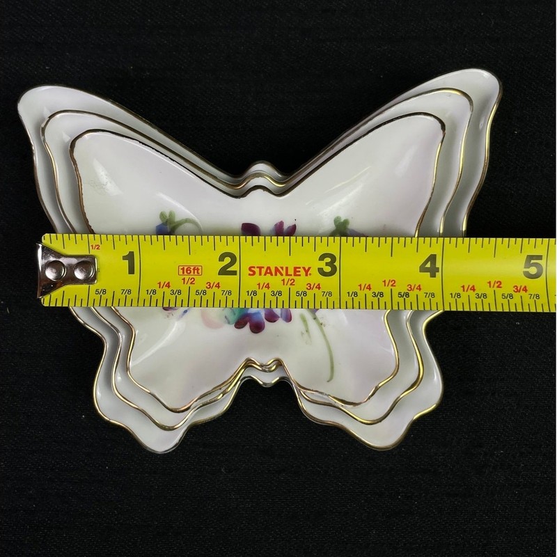 Vintage Porcelain Butterfly Trinket Dishes Set 3 Floral Gold Trim Japan Vanity gallery