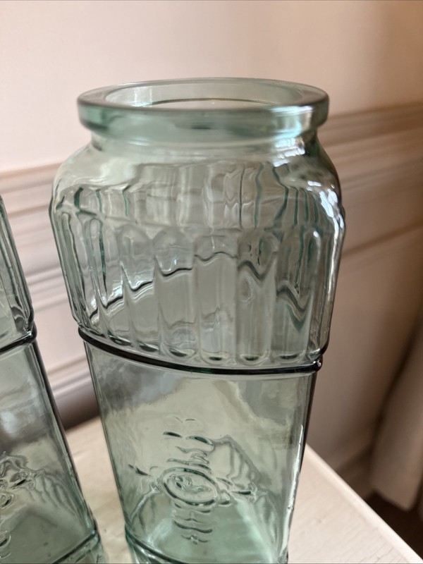 Two Turquoise 3-sided Storage Jars Embossed Design Glass 11.5" gallery