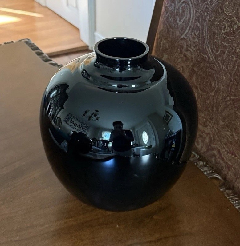 Vintage 1980’s Unmarked Black Glass Orb Vase Decorative Glossy Approx. 10.5”H