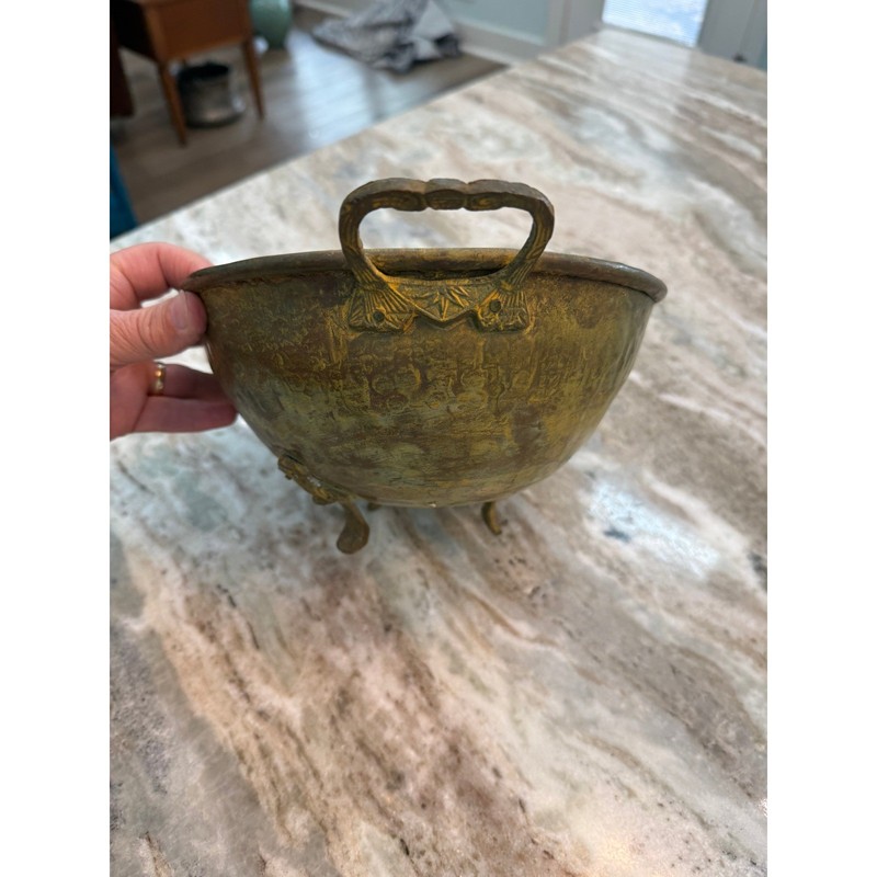 Antique Brass Footed Bowl Oval Patina Verdigris Decorative Catchall with Handles gallery