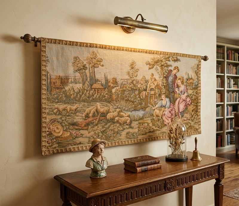 Vintage French Pictorial Tapestry Wall Hanging Romantic Scenic Art Decor, Large